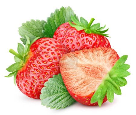 Photo for Strawberry isolated. Strawberry with half on white background. Strawberry fruit with leaf. With clipping path - Royalty Free Image