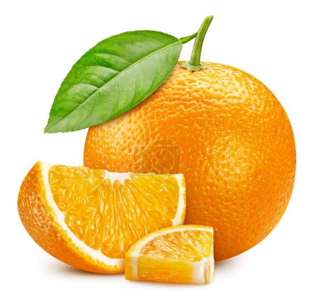 Photo for Orange fruit with orange slices and leaves isolated on white background. Orange with clipping path - Royalty Free Image