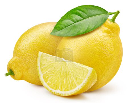 Foto de Fruto de limón con rodajas de limón y hojas aisladas sobre fondo blanco. Limón con camino de recorte - Imagen libre de derechos