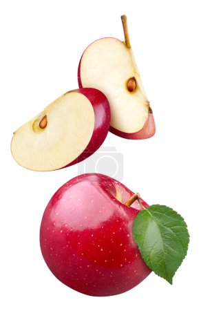 Foto de Colección Apple con ruta de recorte. Manzana roja voladora con hojas aisladas sobre fondo blanco - Imagen libre de derechos