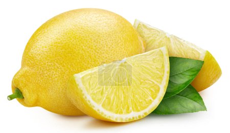 Téléchargez les photos : Groupe de fruits et de feuilles de citron, isolé sur fond blanc. Citron avec chemin de coupe - en image libre de droit