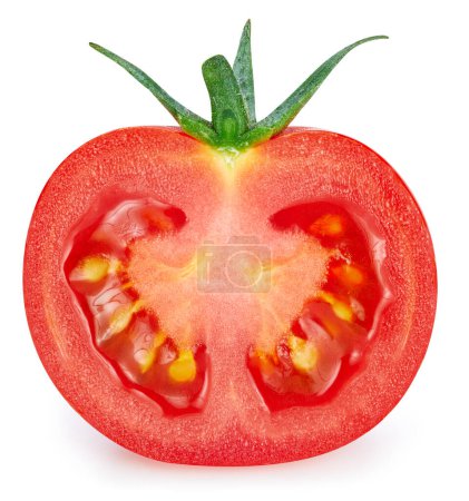 Foto de Medio tomate fresco aislado sobre fondo blanco. Camino de recorte de tomate. Tomate orgánico fresco. Profundidad total del campo - Imagen libre de derechos