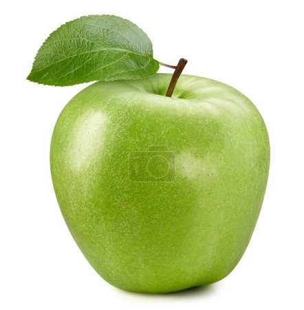 Téléchargez les photos : Pommier vert frais avec feuille isolée sur fond blanc. Chemin de coupe de pomme. Pomme bio fraîche. Profondeur de champ complète - en image libre de droit