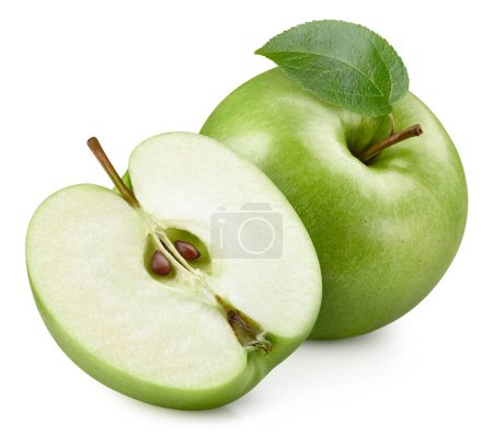 Photo for Fresh green apple fruit with leaf isolated on white background. Apple clipping path. Fresh organic apple. Full depth of field - Royalty Free Image