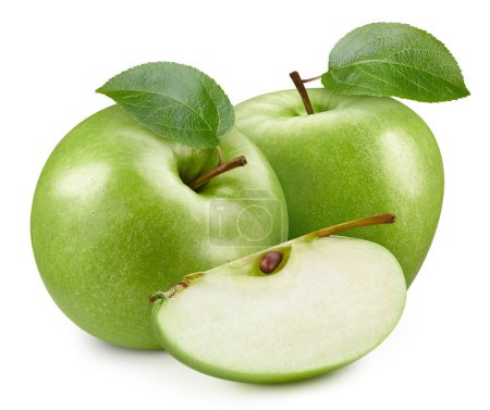 Téléchargez les photos : Pommier vert frais avec feuille isolée sur fond blanc. Chemin de coupe de pomme. Pomme bio fraîche. Profondeur de champ complète - en image libre de droit