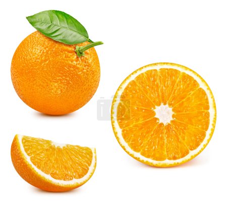 Foto de Fruto naranja con hoja aislada. Naranja entero, mitad, rebanada, hojas en blanco. Recorte anaranjado. Retoque de gama alta - Imagen libre de derechos