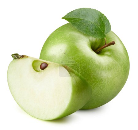 Téléchargez les photos : Pomme verte mûre avec chemin de coupe des feuilles. Pomme fraîche biologique isolée sur blanc. Profondeur de champ complète - en image libre de droit