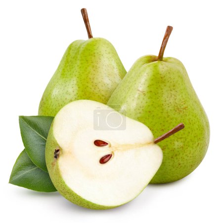 Fresh pear and half pear isolated on white background. Pear clipping path. Pear fruits