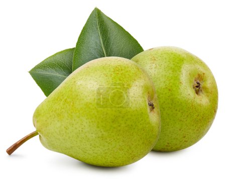 Two ripe pear with green leaf clipping path. Organic fresh pear isolated on white. Professional food photography