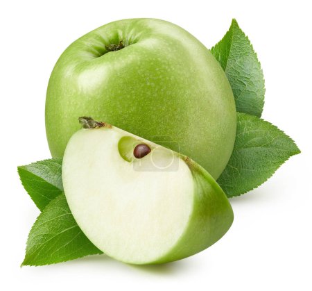 Foto de Manzana orgánica aislada sobre fondo blanco. Pruebe la manzana verde con hojas. Profundidad completa del campo con ruta de recorte - Imagen libre de derechos