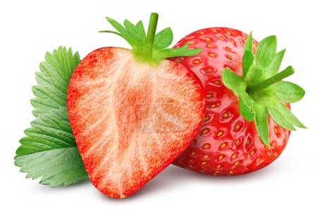 Photo for Strawberry fruit with leaf isolate. Strawberry whole, half, leaves on white. Strawberry clipping path - Royalty Free Image