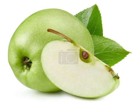 Téléchargez les photos : Pomme mûre avec le chemin vert de coupe de feuille. Pomme fraîche biologique isolée sur blanc. Profondeur de champ complète - en image libre de droit