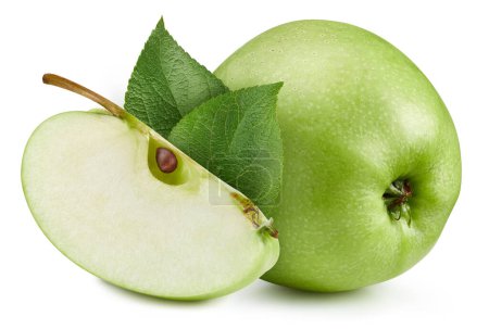 Foto de Manzana verde con hojas aisladas sobre fondo blanco. Ruta de recorte de Apple. - Imagen libre de derechos