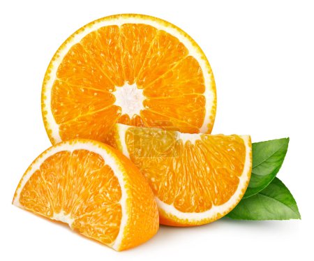 Photo for Orange fruit half isolated on white background. Orange slice with leaves. Clipping path orange - Royalty Free Image