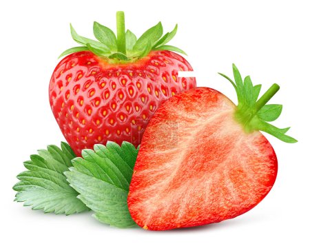 Strawberry with strawberry half and leaves isolated on white background. Strawberry with clipping path