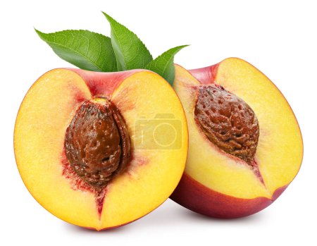Photo for Peach half with leaves. Peach fruit with slice isolated on white background. Clipping path peach - Royalty Free Image