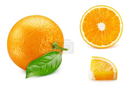Téléchargez les photos : Fruit orange avec isolat foliaire. Orange entière, moitié, tranche, feuilles sur blanc. Voie de coupure orange. Retouche haut de gamme - en image libre de droit