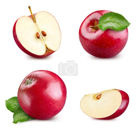 Foto de Colección manzana roja aislada sobre fondo blanco. Hoja de manzana fresca. Recorte de camino manzana. manzana roja macro estudio foto - Imagen libre de derechos