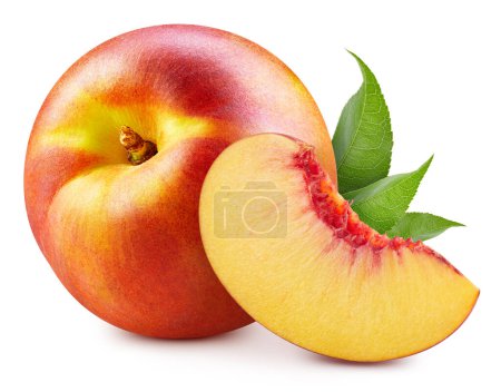 Photo for Peach with a leaf fruit with slice isolated on white background. Peach Clipping Path - Royalty Free Image