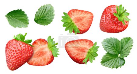 Strawberry isolated. Strawberry with half on white background. Strawberry fruit with leaf. With clipping path