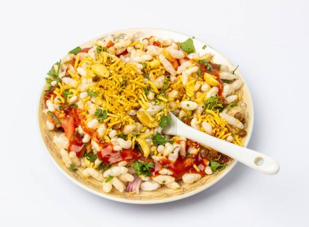Photo for Indian home made bhelpuri, street food, spicy snacks on white background - Royalty Free Image