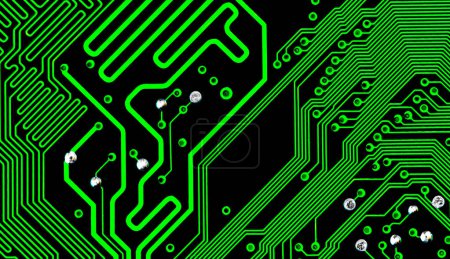 Macro Close up of printed wiring on green PC circuit board Poster 644250768