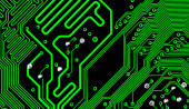 Macro Close up of printed wiring on green PC circuit board Poster #644250768