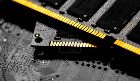 Photo for Macro Close up of computer RAM chip; random access memory chip slot for PC motherboard - Royalty Free Image