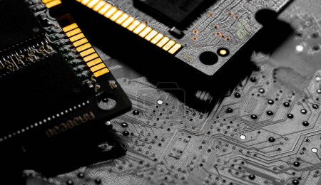 Photo for Macro Close up of computer RAM chip; random access memory chip slot for PC motherboard - Royalty Free Image