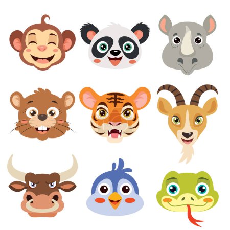 Ilustración de Conjunto de cabezas de animales de dibujos animados - Imagen libre de derechos