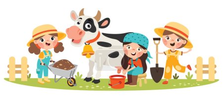 Illustration for Farm Scene With Cartoon Kids - Royalty Free Image