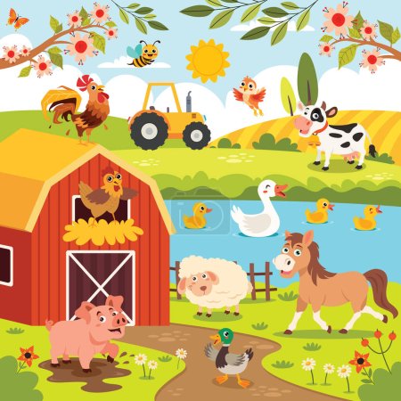 Vektor für Bauernhof-Szene mit Zeichentricktieren - Lizenzfreies Bild