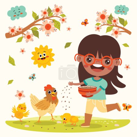 Illustration pour Dessin animé enfant nourrissant poulet et poussins - image libre de droit