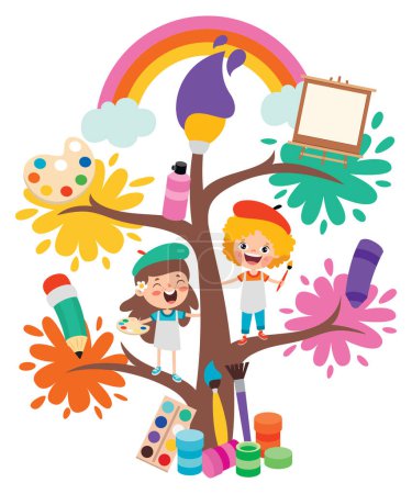 Illustration for Art Concept With Kids On Tree - Royalty Free Image