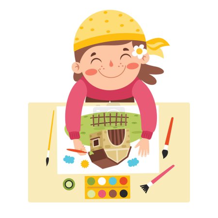 Ilustración de Top View Of Kid Painting On Paper - Imagen libre de derechos