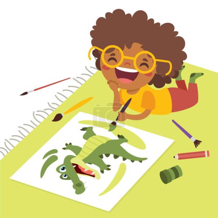 Illustration for Little Kid Painting On Floor - Royalty Free Image