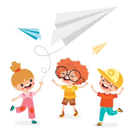 Illustration for Cartoon Kids Playing With Paper Plane - Royalty Free Image