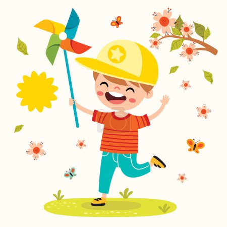 Illustration for Cartoon Kid Playing With Wind Rose - Royalty Free Image