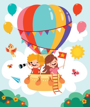Ilustración de Niños de dibujos animados montando un globo de aire caliente - Imagen libre de derechos