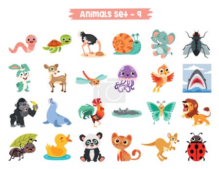 Téléchargez les illustrations : Ensemble d'animaux de dessin animé mignon - en licence libre de droit