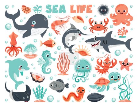 Téléchargez les illustrations : Illustration de dessins animés d'éléments de la vie marine - en licence libre de droit