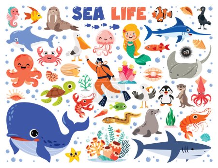 Téléchargez les illustrations : Illustration de dessins animés d'éléments de la vie marine - en licence libre de droit