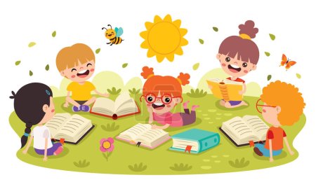 Ilustración de Niños leyendo libro en la naturaleza - Imagen libre de derechos