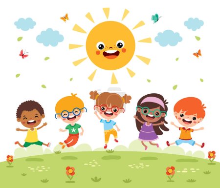 Ilustración de Niños jugando en la naturaleza con el sol - Imagen libre de derechos