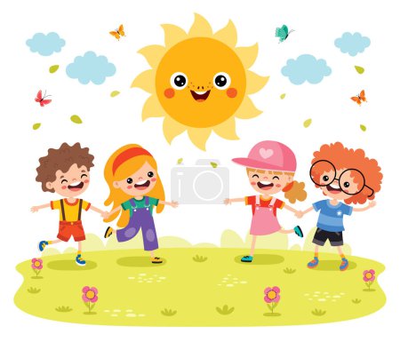 Illustration for Kids Playing At Nature With Sun - Royalty Free Image