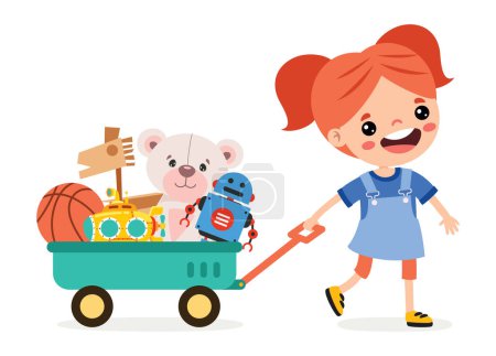 Téléchargez les illustrations : Dessin animé enfant tirant des jouets Wagon - en licence libre de droit