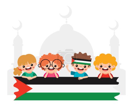 Ilustración de Niños de dibujos animados con bandera de Palestina - Imagen libre de derechos
