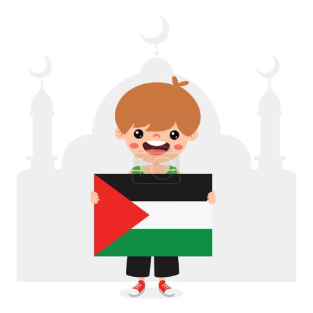 Ilustración de Niño de dibujos animados con bandera de Palestina - Imagen libre de derechos