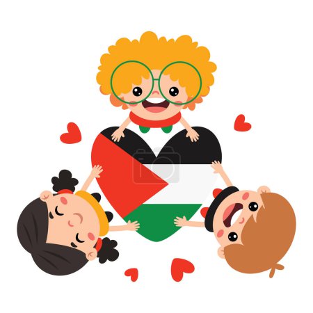 Ilustración de Niños de dibujos animados con bandera de Palestina - Imagen libre de derechos