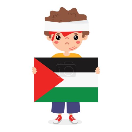Ilustración de Niño de dibujos animados con bandera de Palestina - Imagen libre de derechos
